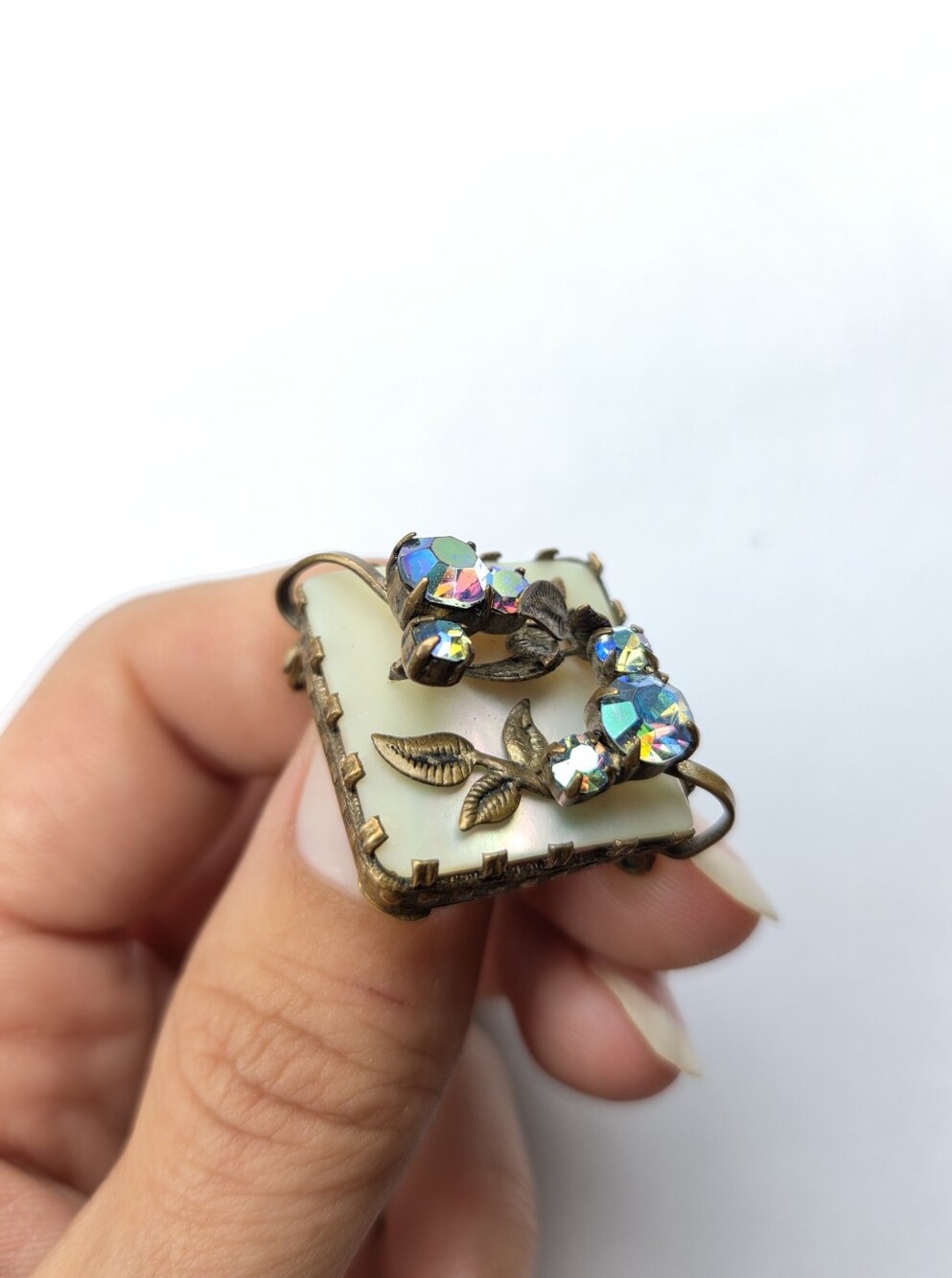 Vintage TRIAD Mother Of Pearl Botanical Rhinestone Square Brooch - As Is